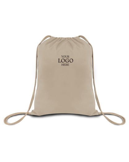 Beige drawstring bag with space for a logo on a white background. OAD Economical Canvas Pack, Embroidered by Helmsman Stitch Co.