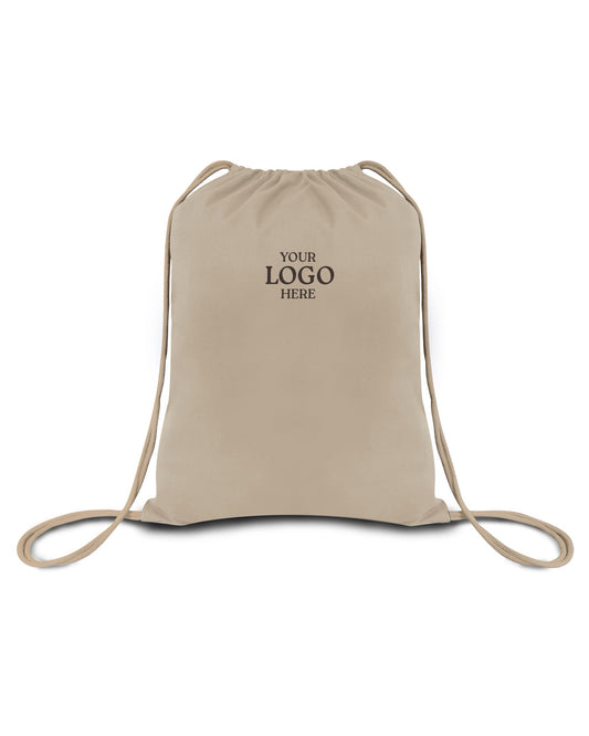 Beige drawstring bag with space for a logo on a white background. OAD Economical Canvas Pack, Embroidered by Helmsman Stitch Co.