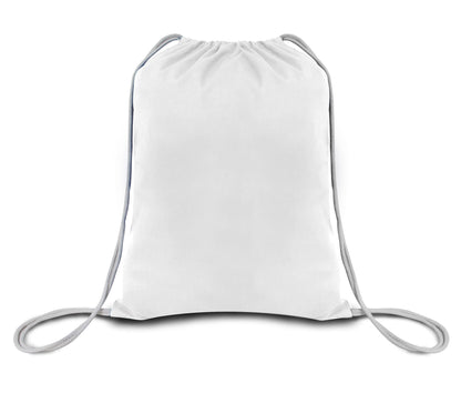 White drawstring bag on a white background. OAD Economical Canvas Pack, Embroidered by Helmsman Stitch Co.