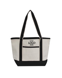 White tote bag with black handles and trim on a white background. OAD Promotional Heavyweight Medium Beach Tote, Embroidered by Helmsman Stitch Co.