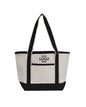 White tote bag with black handles and trim on a white background. OAD Promotional Heavyweight Medium Beach Tote, Embroidered by Helmsman Stitch Co.
