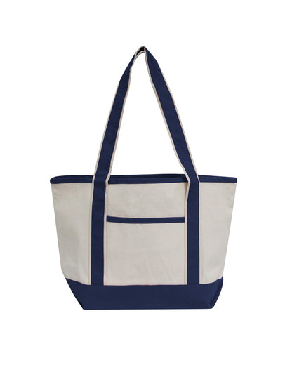 Navy and beige tote bag on a white background. OAD Promotional Heavyweight Medium Beach Tote, Embroidered by Helmsman Stitch Co.