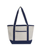 Navy and beige tote bag on a white background. OAD Promotional Heavyweight Medium Beach Tote, Embroidered by Helmsman Stitch Co.