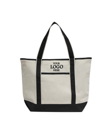 Beige tote bag with black handles and trim on a white background. OAD Promotional Heavyweight Large Beach Tote, Embroidered by Helmsman Stitch Co.
