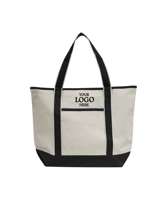 Beige tote bag with black handles and trim on a white background. OAD Promotional Heavyweight Large Beach Tote, Embroidered by Helmsman Stitch Co.