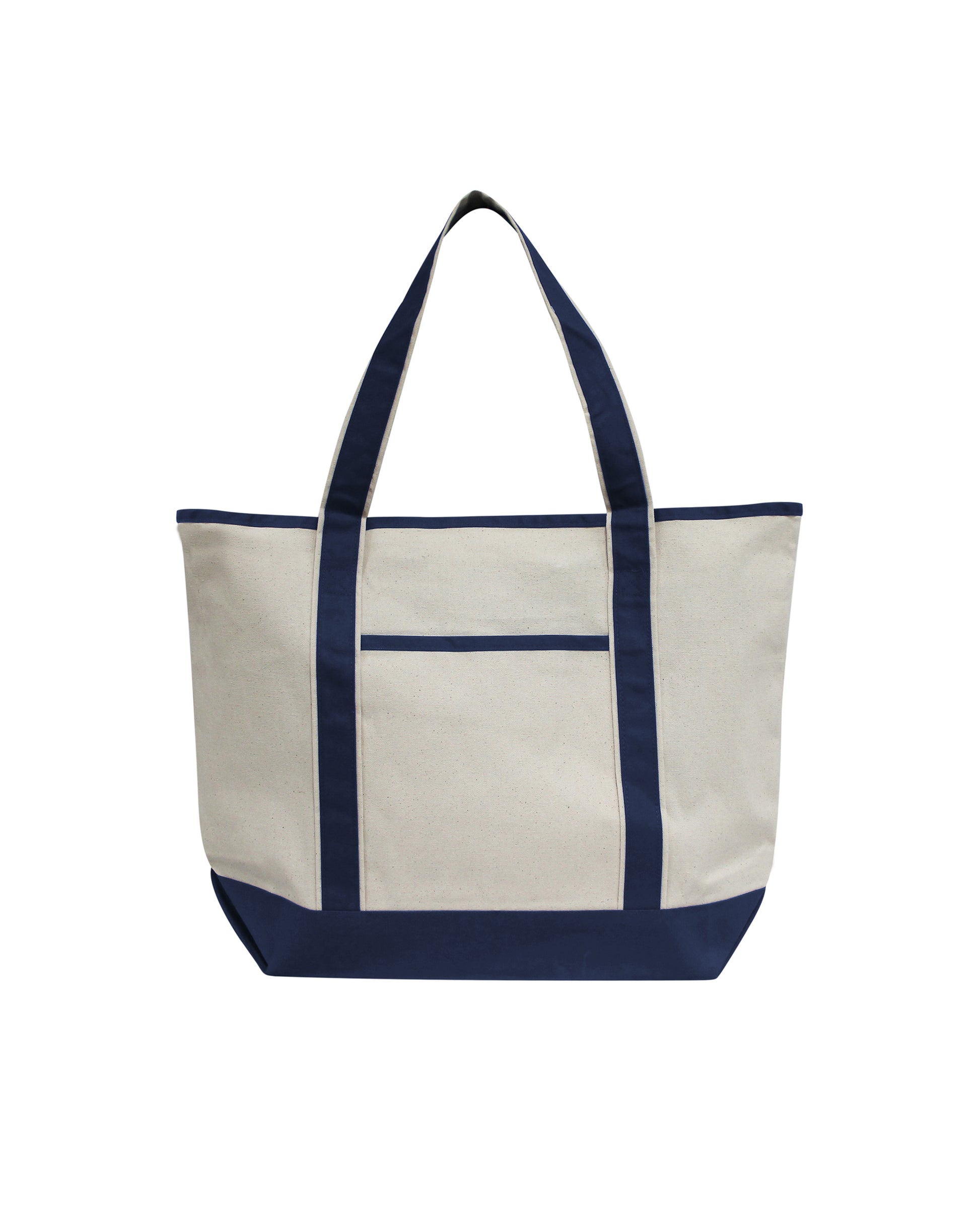 Beige tote bag with navy accents on a white background. OAD Promotional Heavyweight Large Beach Tote, Embroidered by Helmsman Stitch Co.