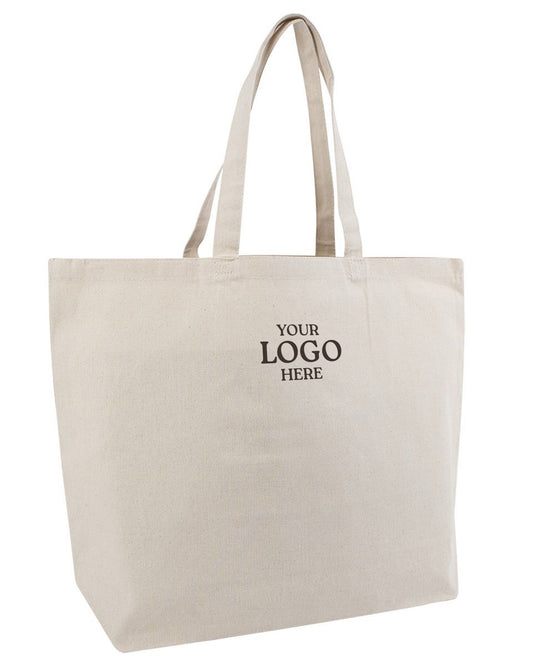 Beige tote bag with 'Your Logo Here' text on a white background. OAD Jumbo Gusseted Canvas Tote, Embroidered by Helmsman Stitch Co.