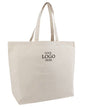 Beige tote bag with 'Your Logo Here' text on a white background. OAD Jumbo Gusseted Canvas Tote, Embroidered by Helmsman Stitch Co.