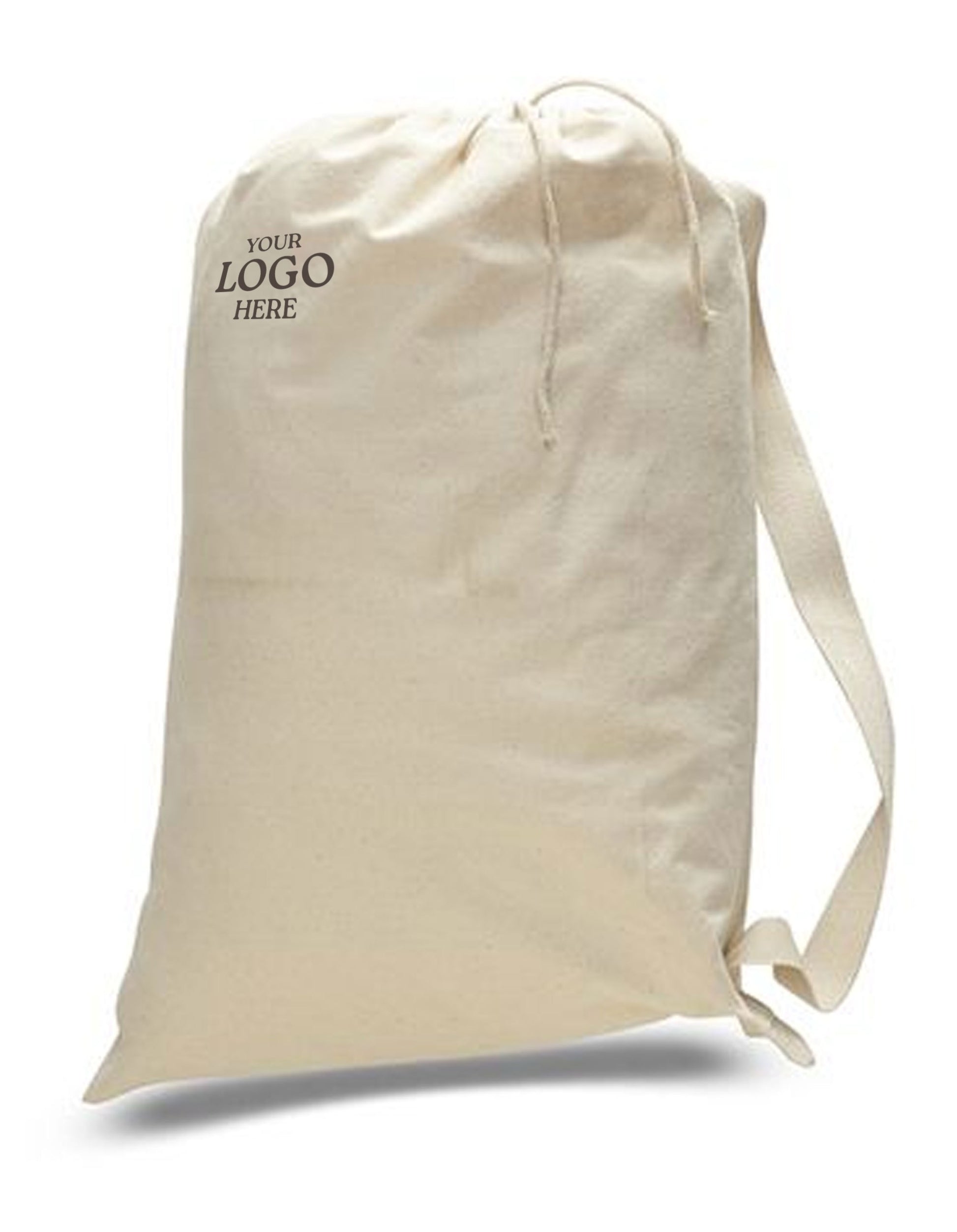 Beige drawstring bag with space for a logo on a white background. OAD Medium Cotton Laundry Bag, Embroidered by Helmsman Stitch Co.