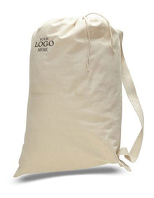 Beige drawstring bag with space for a logo on a white background. OAD Medium Cotton Laundry Bag, Embroidered by Helmsman Stitch Co.