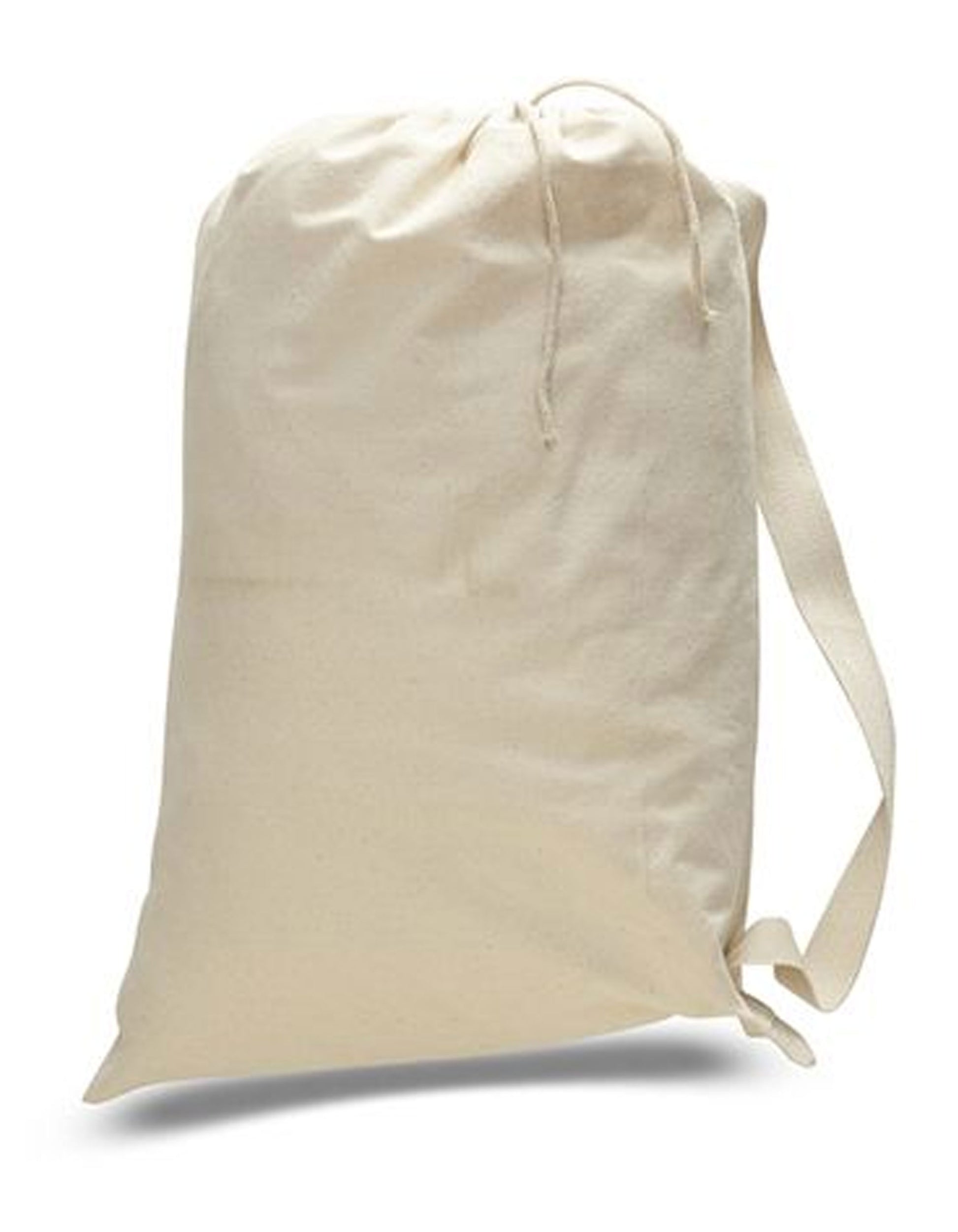 Beige drawstring bag on a white background. OAD Medium Cotton Laundry Bag, Embroidered by Helmsman Stitch Co.