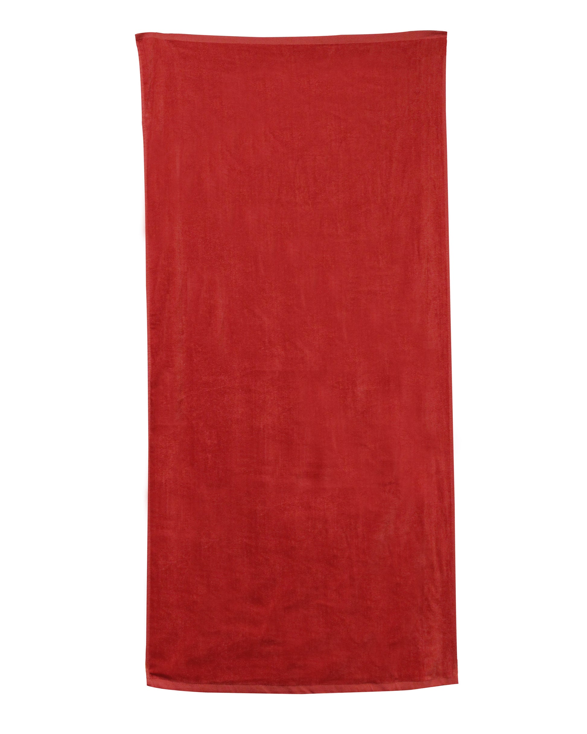 Red towel on a white background. OAD® Beach Towel, Embroidered by Helmsman Stitch Co.