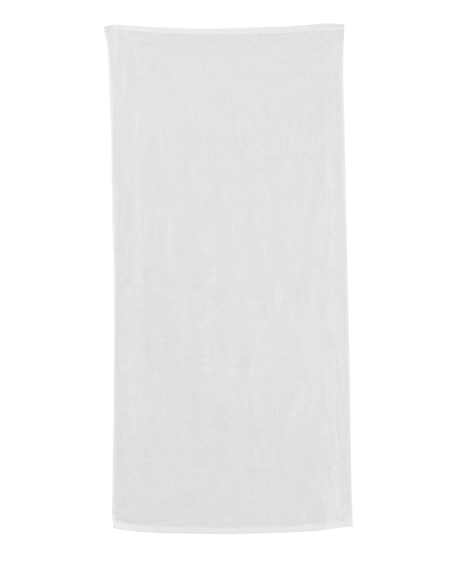 White towel on a white background. OAD® Beach Towel, Embroidered by Helmsman Stitch Co.