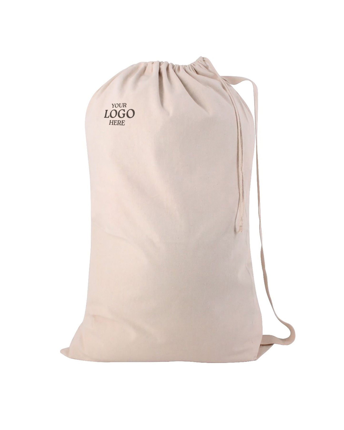 Beige drawstring bag with space for customization on a white background. OAD Large Cotton Laundry Bag, Embroidered by Helmsman Stitch Co.