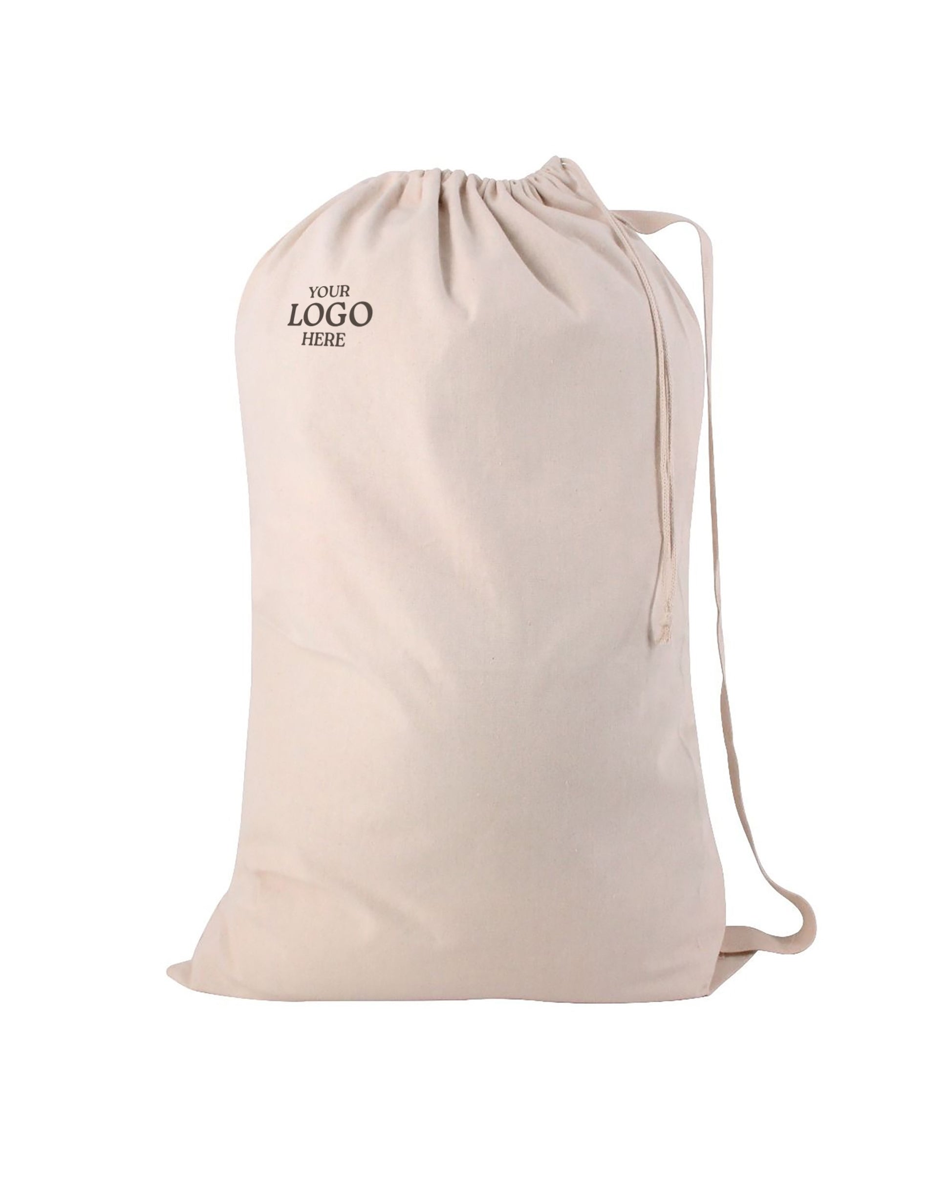Beige drawstring bag with space for customization on a white background. OAD Large Cotton Laundry Bag, Embroidered by Helmsman Stitch Co.