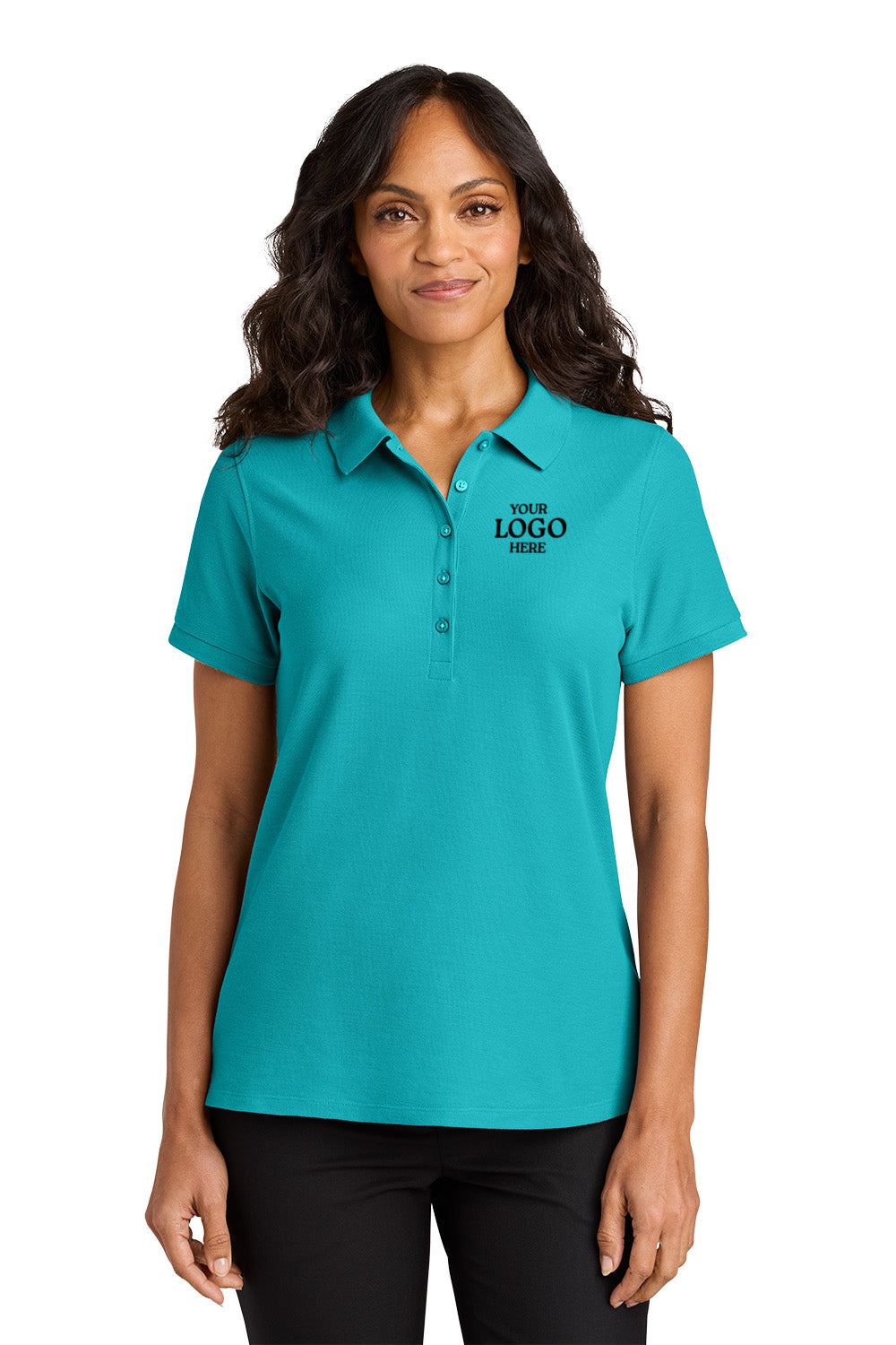 Woman wearing a teal polo shirt with 'Your Logo Here' text on a white background Port Authority® Women’s Wearever Signature Pique Polo, Embroidered