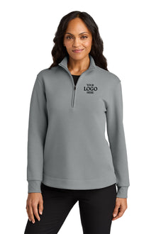 Woman wearing a gray pullover with customizable logo text on a white background Port Authority® Women’s Wearever Signature Double Pique 1/4-Zip, embroidered