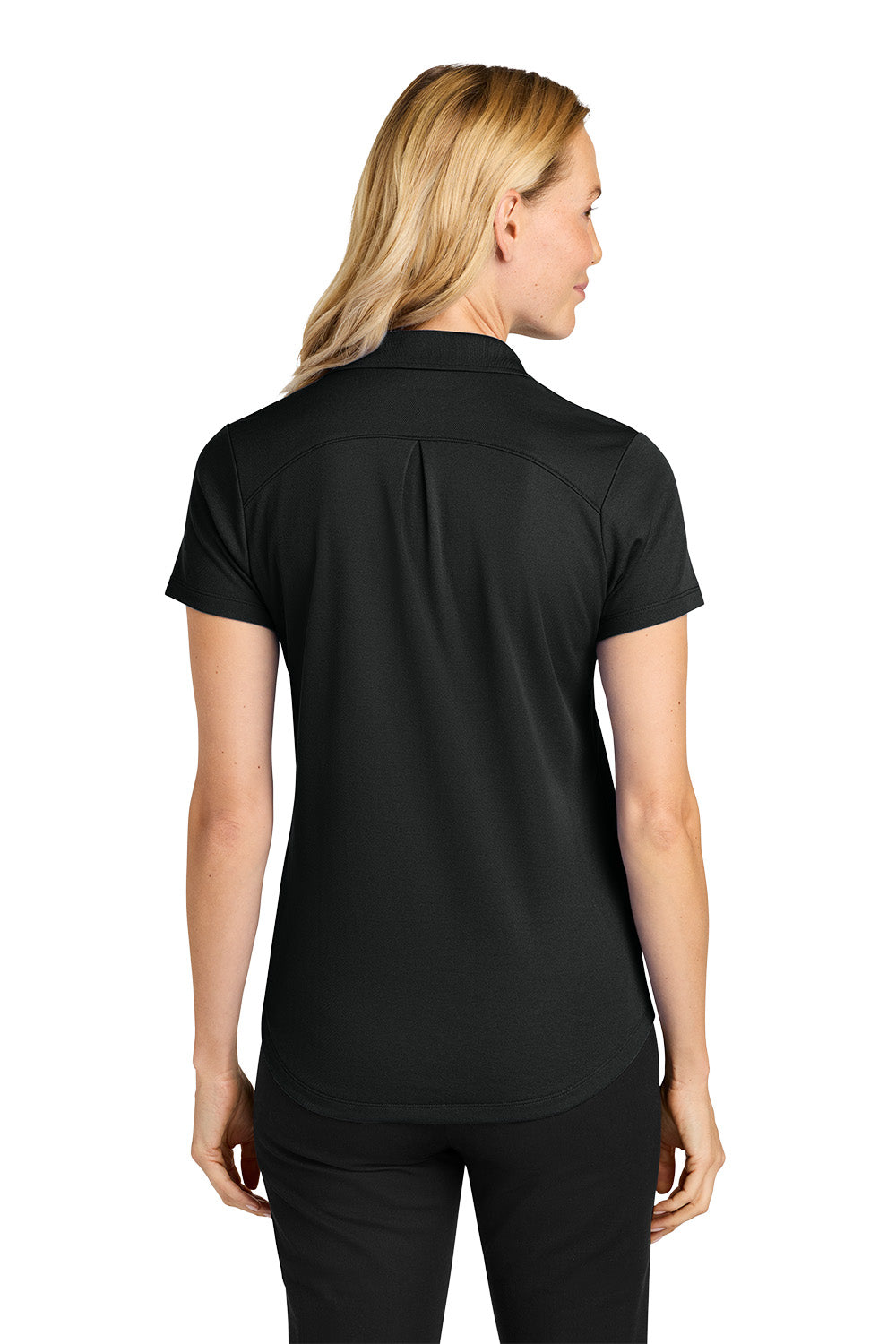 Woman wearing a black polo shirt on a white background. Port Authority® Women’s Plaited Pique Polo, Embroidered by Helmsman Stitch Co.
