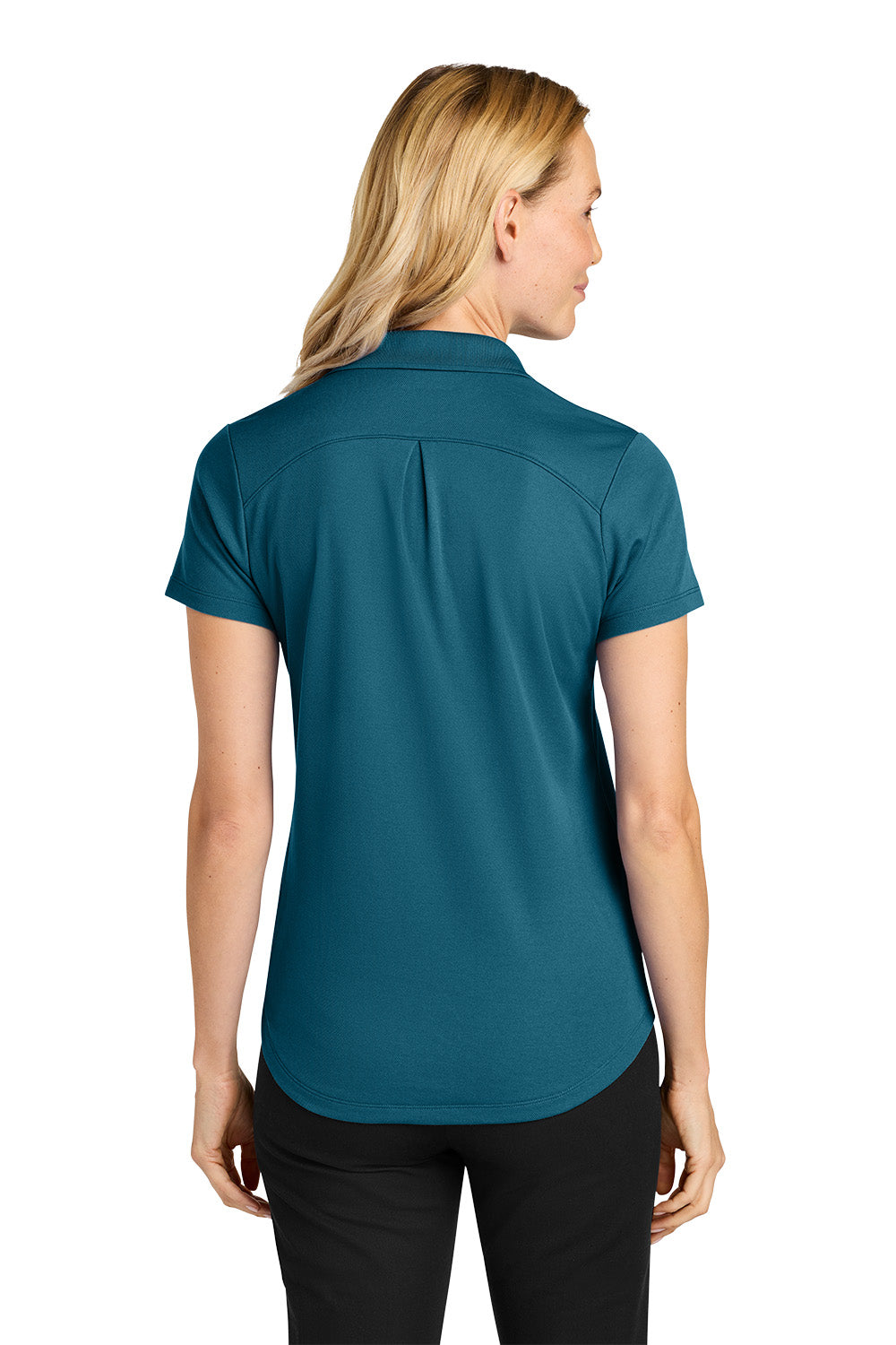 Woman wearing a teal polo shirt on a white background. Port Authority® Women’s Plaited Pique Polo, Embroidered by Helmsman Stitch Co.