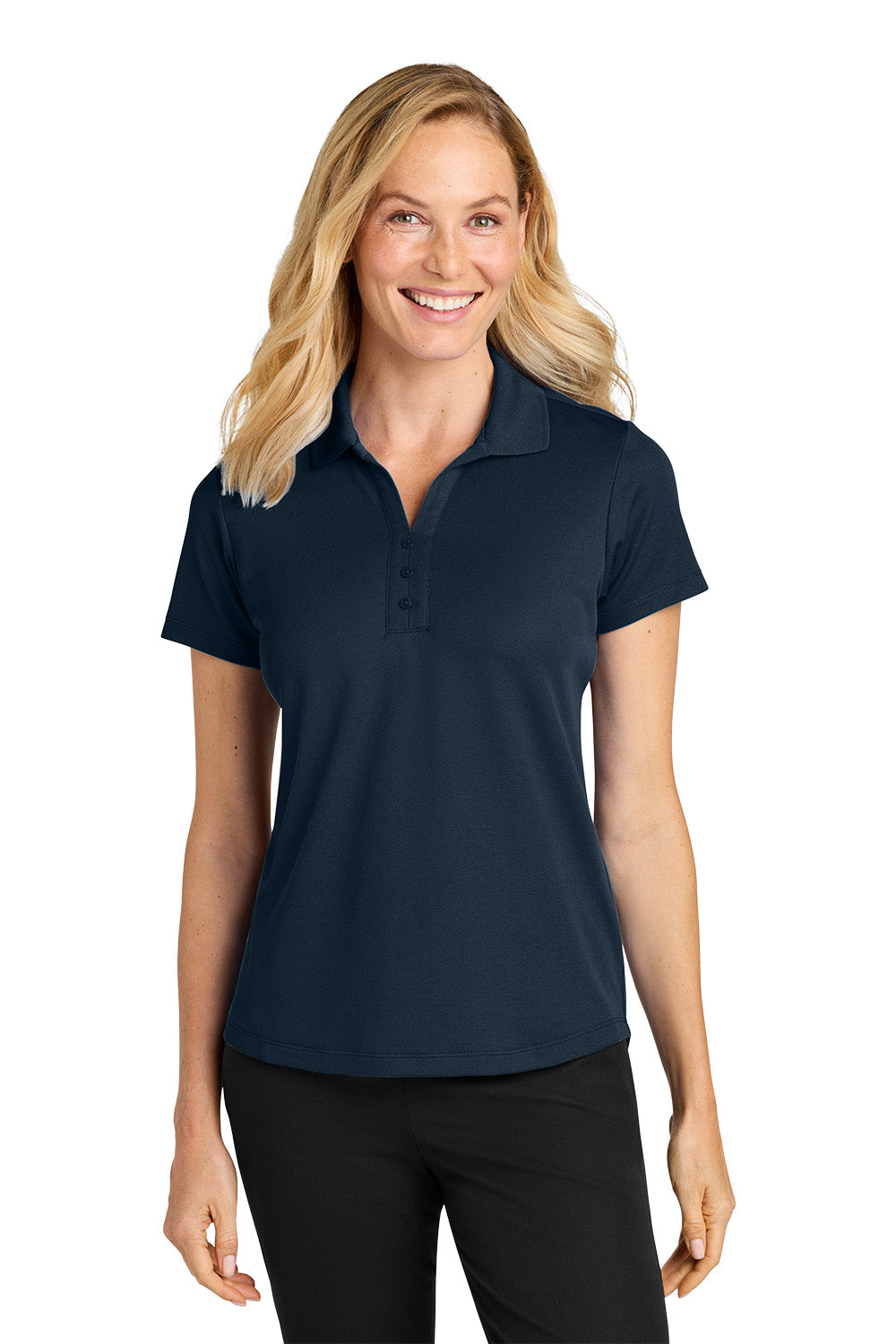 Woman wearing a navy blue polo shirt on a white background. Port Authority® Women’s Plaited Pique Polo, Embroidered by Helmsman Stitch Co.