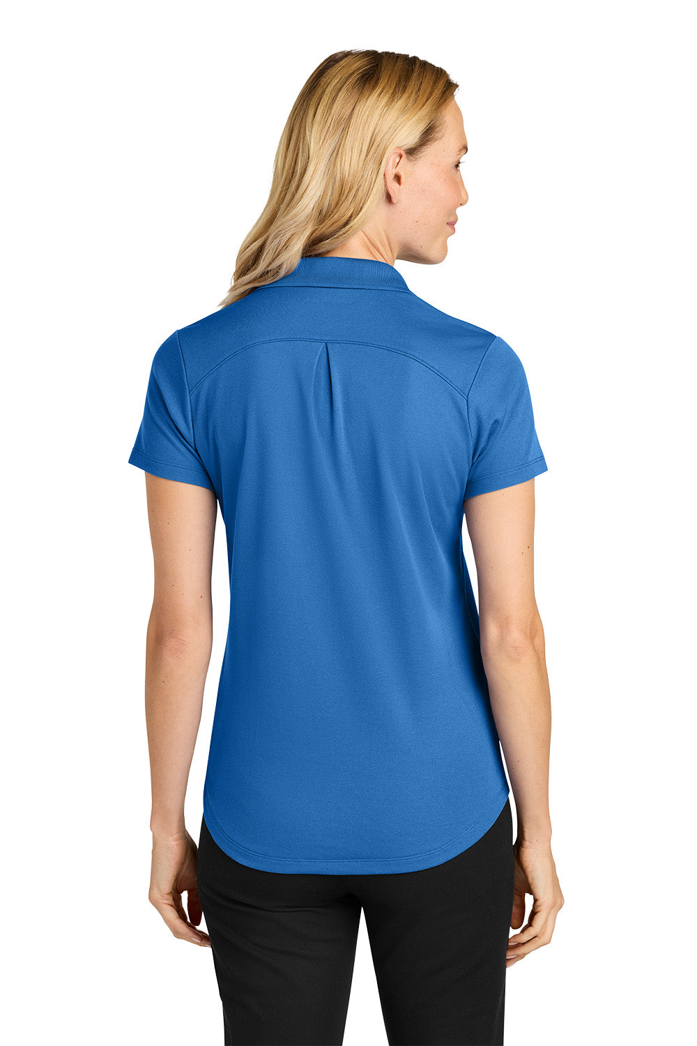 Woman wearing a blue polo shirt on a white background. Port Authority® Women’s Plaited Pique Polo, Embroidered by Helmsman Stitch Co.