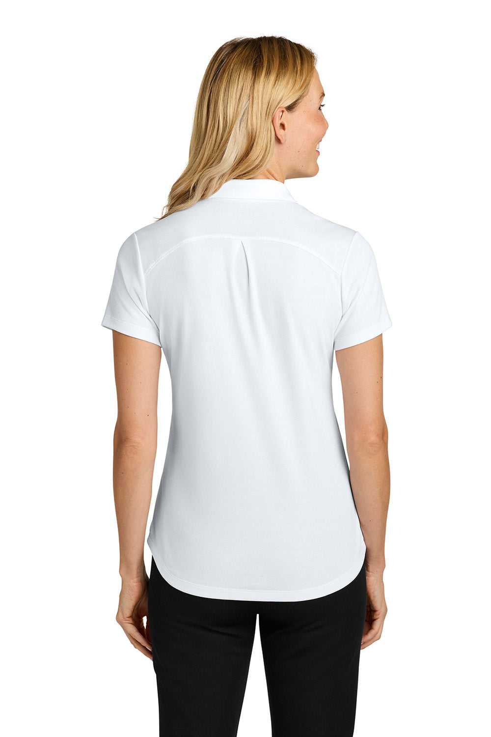 Woman wearing a white polo shirt on a white background. Port Authority® Women’s Plaited Pique Polo, Embroidered by Helmsman Stitch Co.
