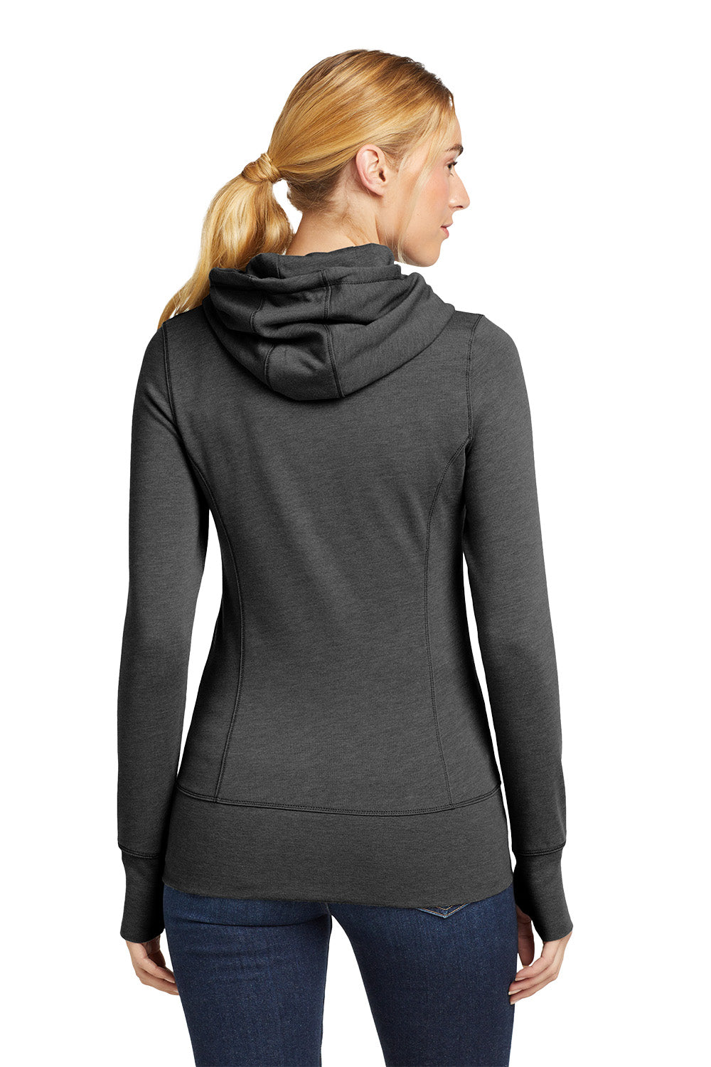 Woman wearing a dark gray hoodie from behind on a white background, embroidered New Era® Woman's Tri-Blend Fleece Full-Zip Hoodie