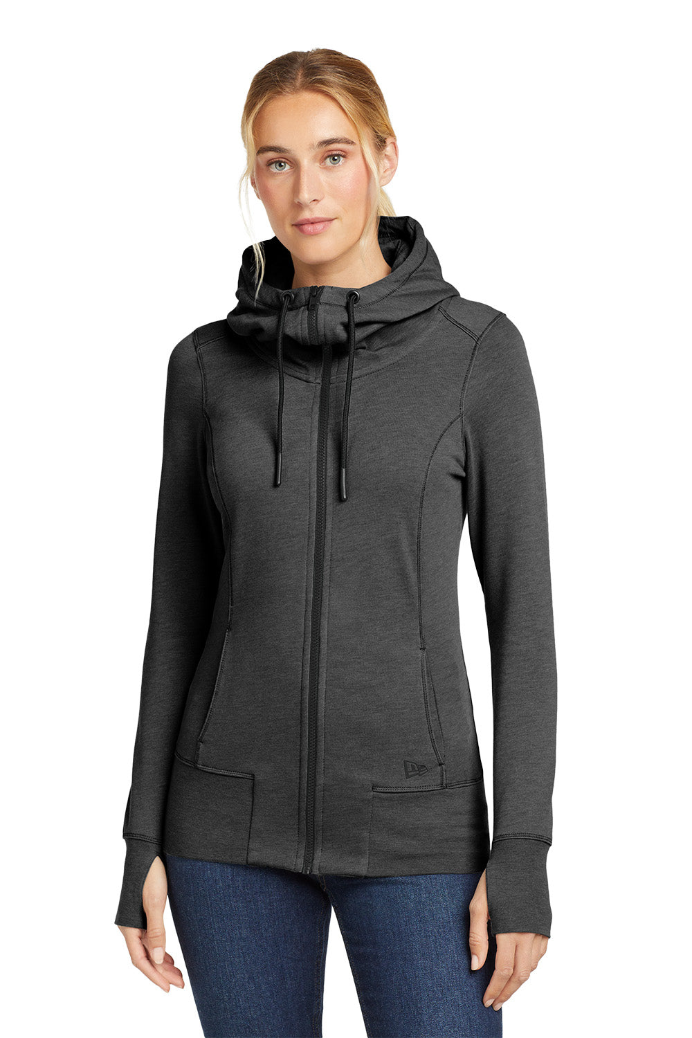 Woman wearing a dark gray hooded jacket on a white background, embroidered New Era® Woman's Tri-Blend Fleece Full-Zip Hoodie