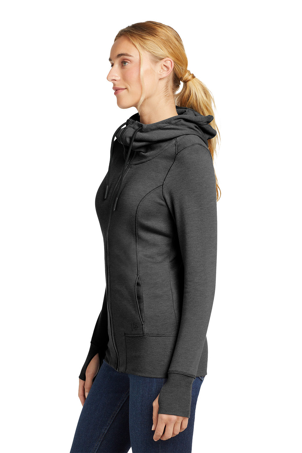 Woman wearing a dark gray hoodie on a white background, embroidered New Era® Woman's Tri-Blend Fleece Full-Zip Hoodie