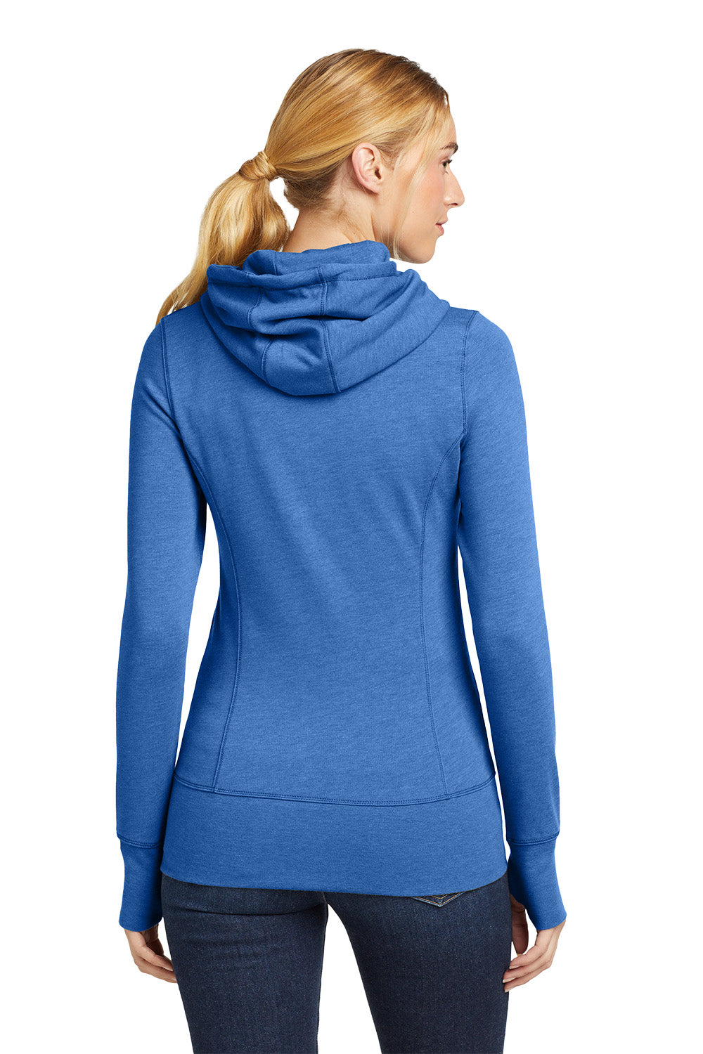Woman wearing a blue hoodie from behind on a white background, embroidered New Era® Woman's Tri-Blend Fleece Full-Zip Hoodie