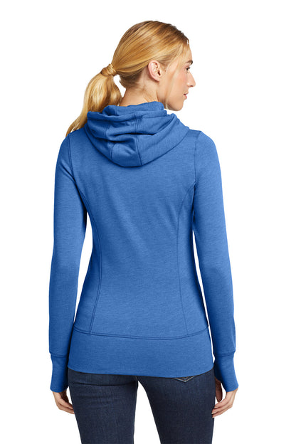 Woman wearing a blue hoodie from behind on a white background, embroidered New Era® Woman's Tri-Blend Fleece Full-Zip Hoodie