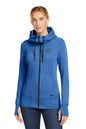 Woman wearing a blue hoodie with a logo on a white background, embroidered New Era® Woman's Tri-Blend Fleece Full-Zip Hoodie