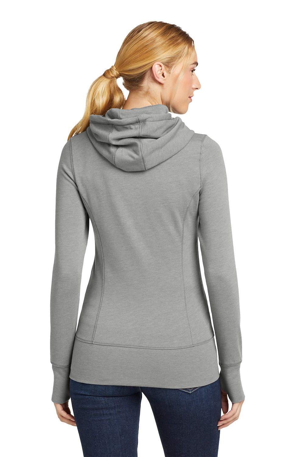 Woman wearing a gray hoodie on a white background, embroidered New Era® Woman's Tri-Blend Fleece Full-Zip Hoodie