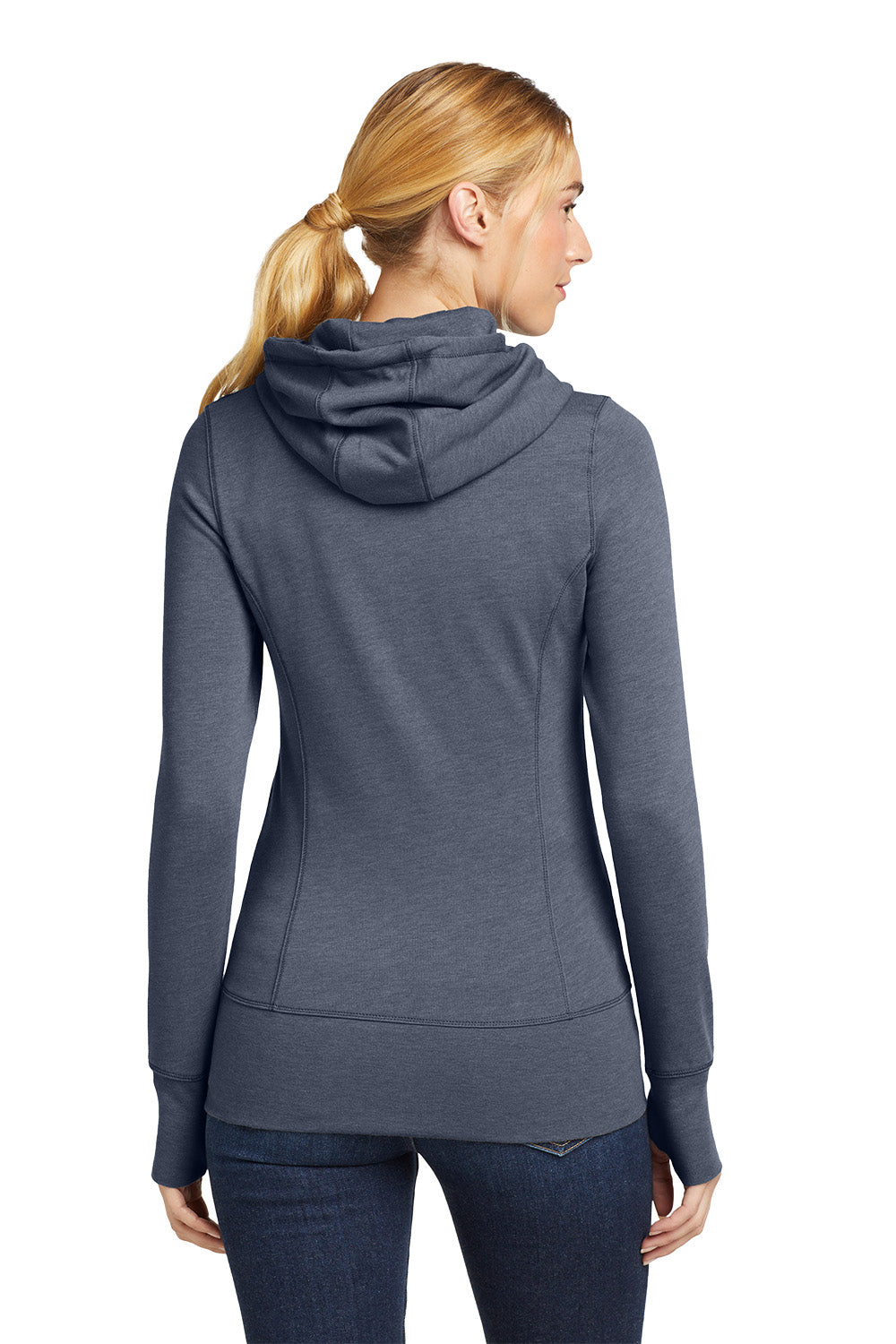 Woman wearing a gray hoodie from behind on a white background, embroidered New Era® Woman's Tri-Blend Fleece Full-Zip Hoodie