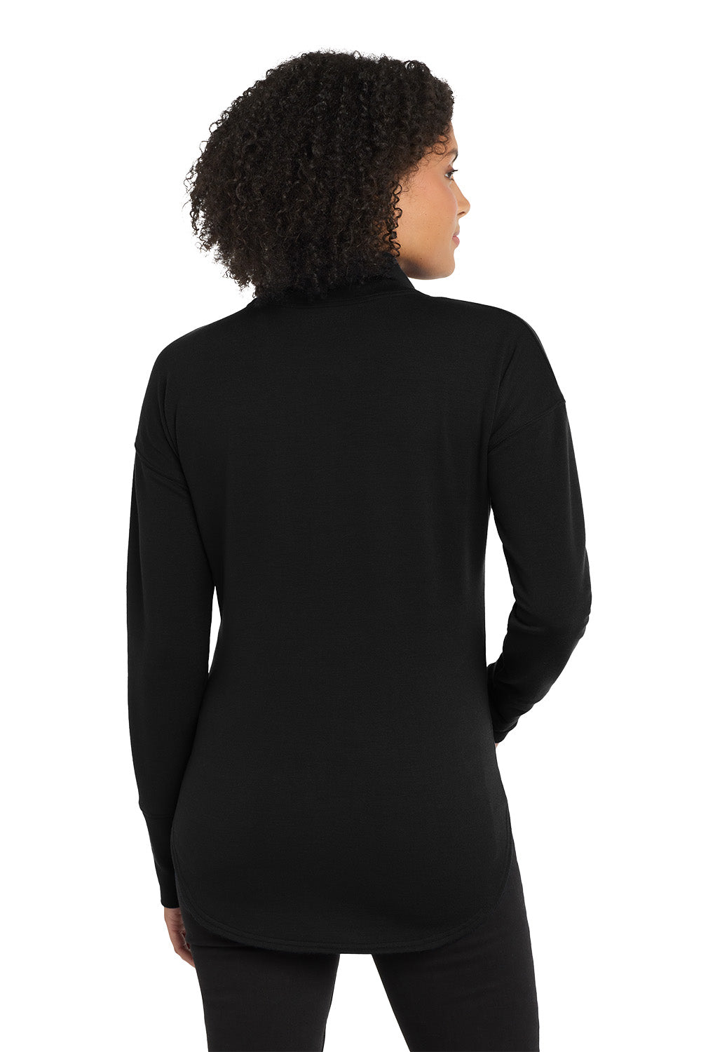 Person wearing a black long-sleeve top on a white background, embroidered OGIO® Women's Luuma Full-Zip Fleece