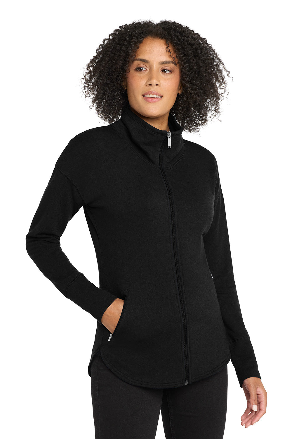 Woman wearing a black jacket on a white background, embroidered OGIO® Women's Luuma Full-Zip Fleece