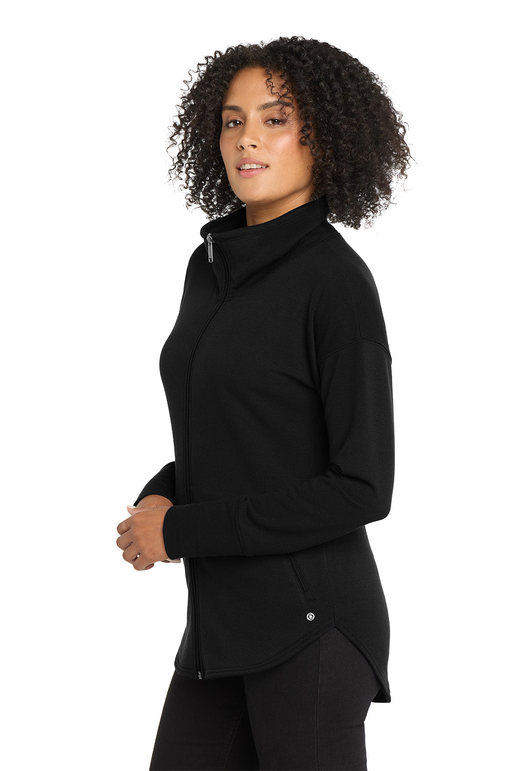 Woman wearing a black jacket on a white background, embroidered OGIO® Women's Luuma Full-Zip Fleece