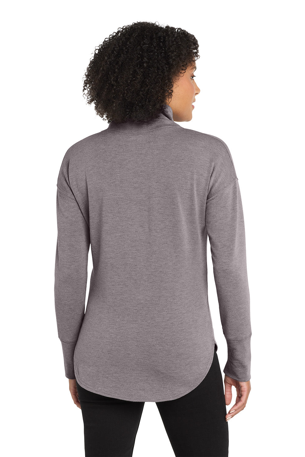 Woman wearing a gray long-sleeve shirt on a white background, embroidered OGIO® Women's Luuma Full-Zip Fleece