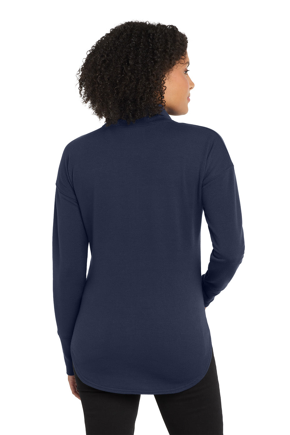 Person wearing a navy long-sleeve shirt on a white background, embroidered OGIO® Women's Luuma Full-Zip Fleece