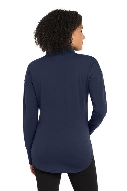 Person wearing a navy long-sleeve shirt on a white background, embroidered OGIO® Women's Luuma Full-Zip Fleece