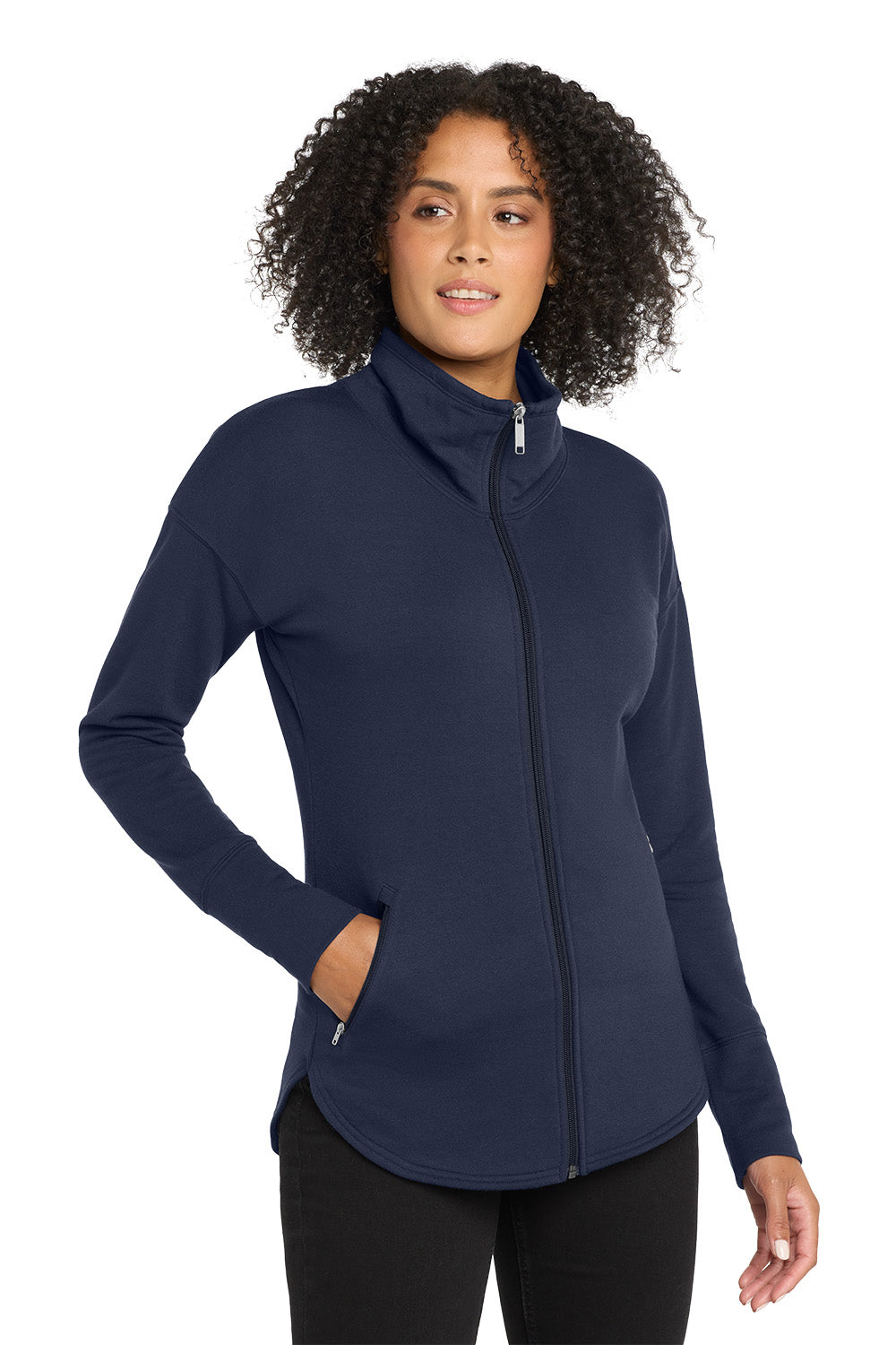 Woman wearing a navy blue jacket on a white background, embroidered OGIO® Women's Luuma Full-Zip Fleece