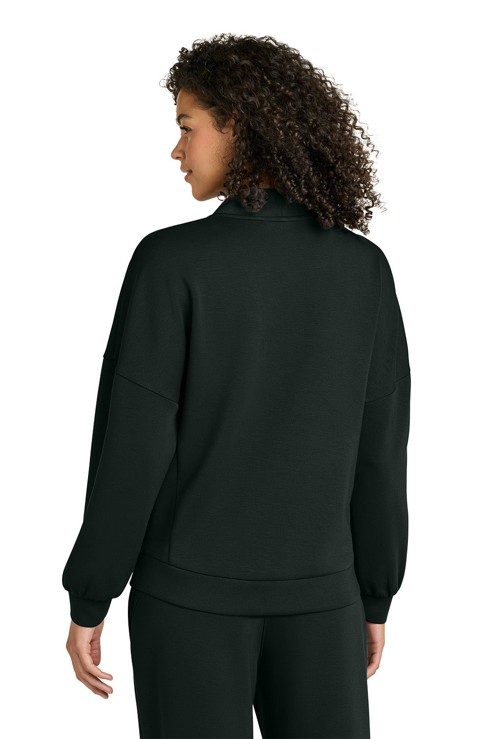 Person wearing a black jacket and pants on a white background, OGIO® Women’s Transcend Cardigan, Embroidered