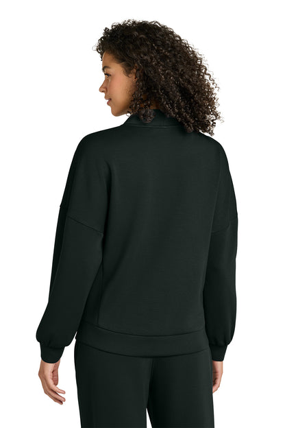 Person wearing a black jacket and pants on a white background, OGIO® Women’s Transcend Cardigan, Embroidered
