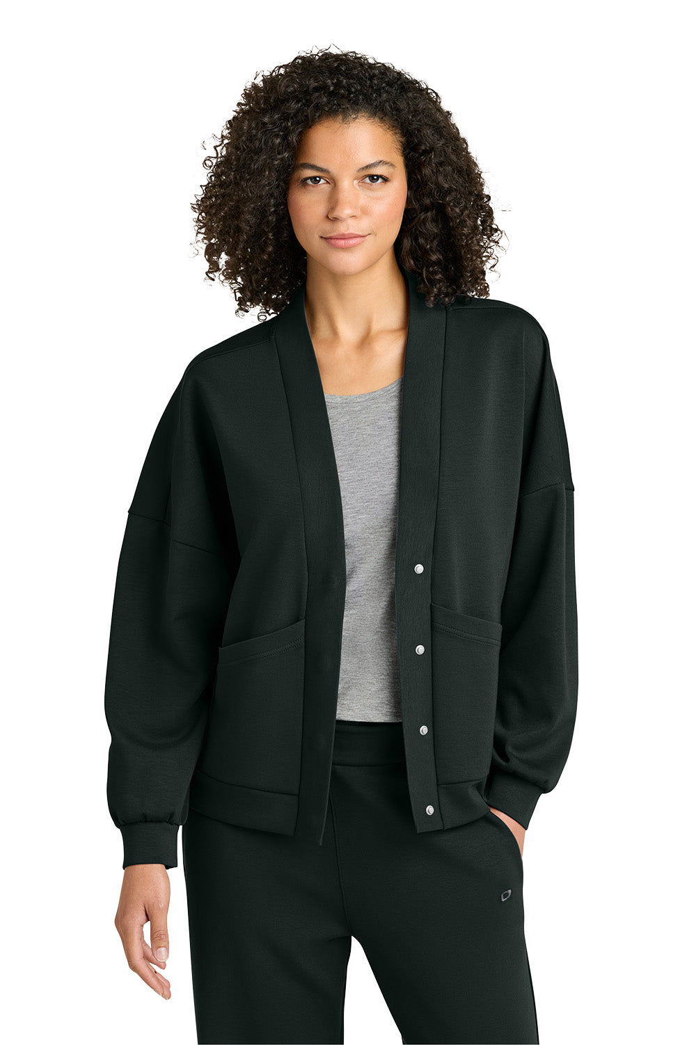 Woman wearing a black cardigan over a gray shirt on a white background, OGIO® Women’s Transcend Cardigan, Embroidered