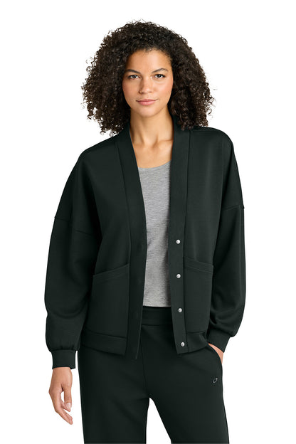 Woman wearing a black cardigan over a gray shirt on a white background, OGIO® Women’s Transcend Cardigan, Embroidered