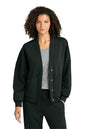 Woman wearing a black cardigan over a gray shirt on a white background, OGIO® Women’s Transcend Cardigan, Embroidered