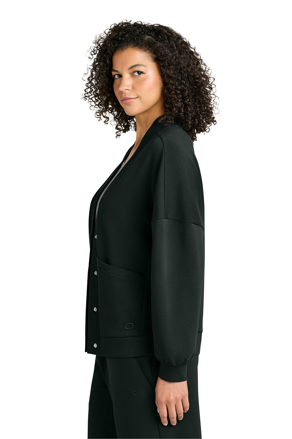 Woman wearing a black jacket on a white background, OGIO® Women’s Transcend Cardigan, Embroidered