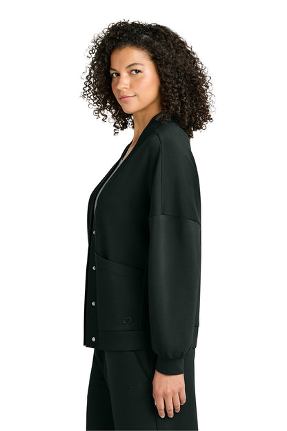 Woman wearing a black jacket on a white background, OGIO® Women’s Transcend Cardigan, Embroidered
