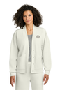Woman wearing a light gray cardigan over a gray top on a white background, OGIO® Women’s Transcend Cardigan, Embroidered