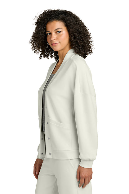 Woman wearing a light gray jacket on a white background, OGIO® Women’s Transcend Cardigan, Embroidered